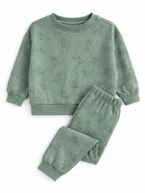 NWT Cloud Island Baby Boy 2 Piece Outfit Dog Print Set Green Sweatshirt & Pants